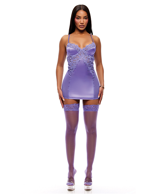 See It Through Guipure Lace Chemise w/Thong & Stockings - Purple XL