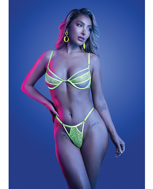 Mind Control UV Reactive Lace and Mesh Underwire Bra & Thong - Neon Green M/L