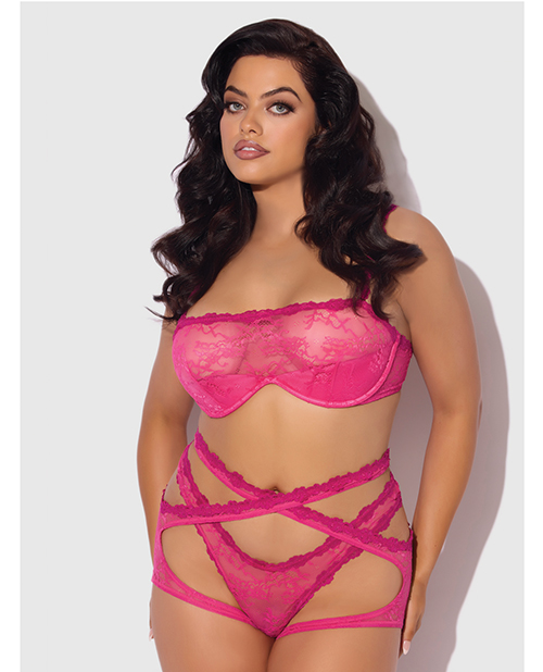 Yvone Lace Bra w/Removable Straps, Garter & Tanga Panty 3 pc Set - Pink 1X/2X