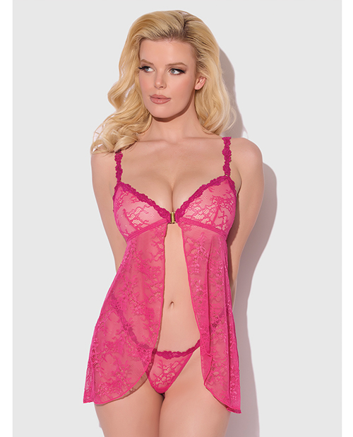 Yvone Lace Babydoll w/Front Closure & G-String 2 pc Set - Pink LG