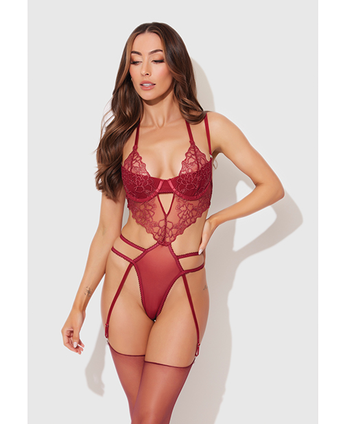 Eden Embroidered Lace & Mesh Teddy w/Garters - Dark Red XL