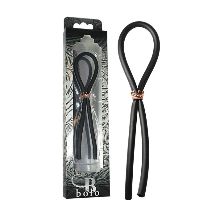Bolo Silicone Lasso w/Rose Gold Crown Slider Ring - Black