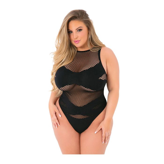 Pink Lipstick Criss Cross Fishnet Bodysuit Black QN