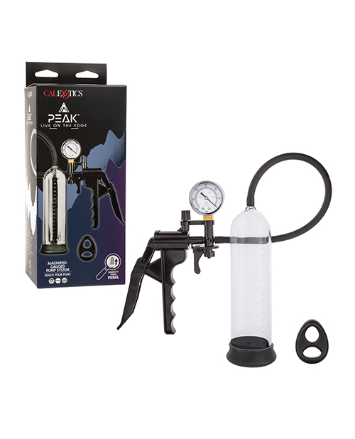 Peak Magnified Gauged Penis Pump System w/Cock & Ball Ring - Black 