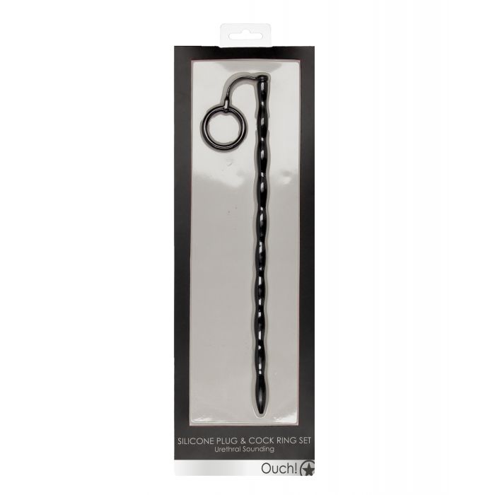 Shots Ouch Urethral Sounding Silicone Plug & Cock Ring Set - Black 