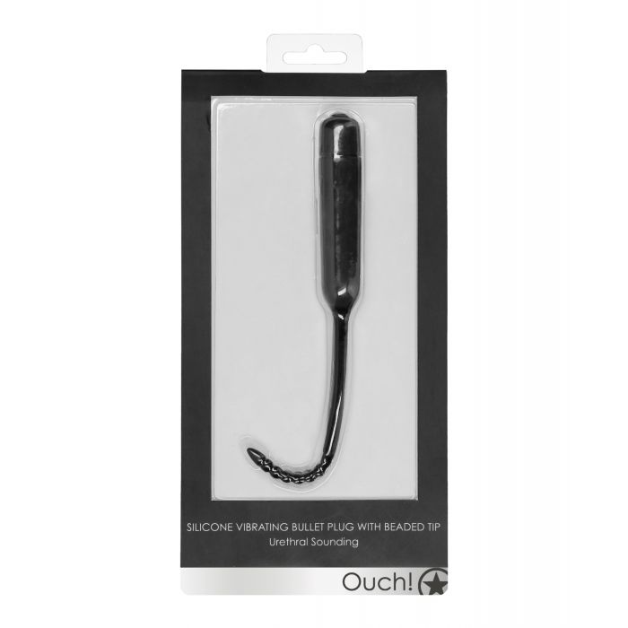 Shots Ouch Urethral Sounding Silicone Vibrating Bullet Plug w/Beaded Tip - Black 