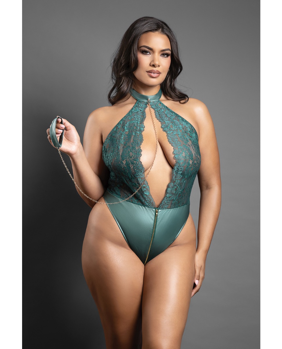 Domina Lace Halter Teddy w/Zipper Detail & Detachable Chain-Link Leash - Green QN