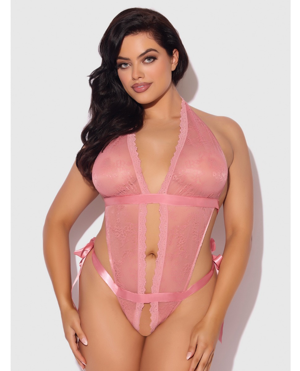 Kiki Lace & Satin Drop Off Teddy - Rose 1X/2X