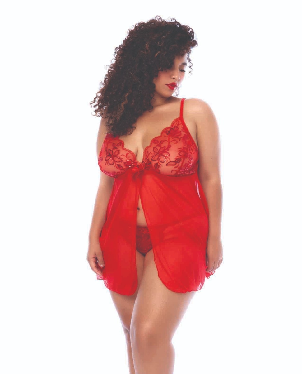 Sequin Embellished Babydoll w/G-String - Red 3X/4X