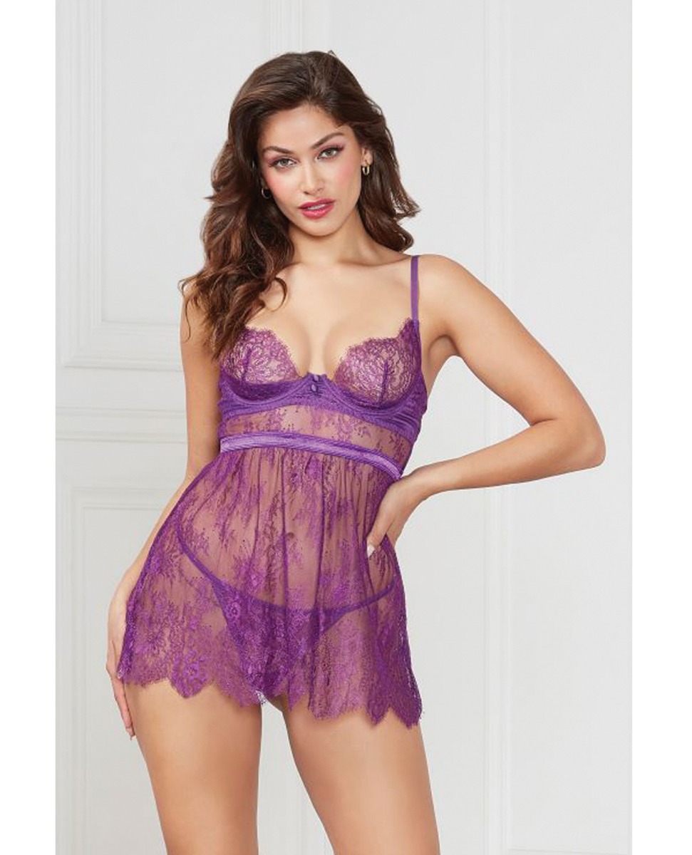 Floral Eyelash Lace Underwire Babydoll w/Thong 2 pc Set - Purple MD
